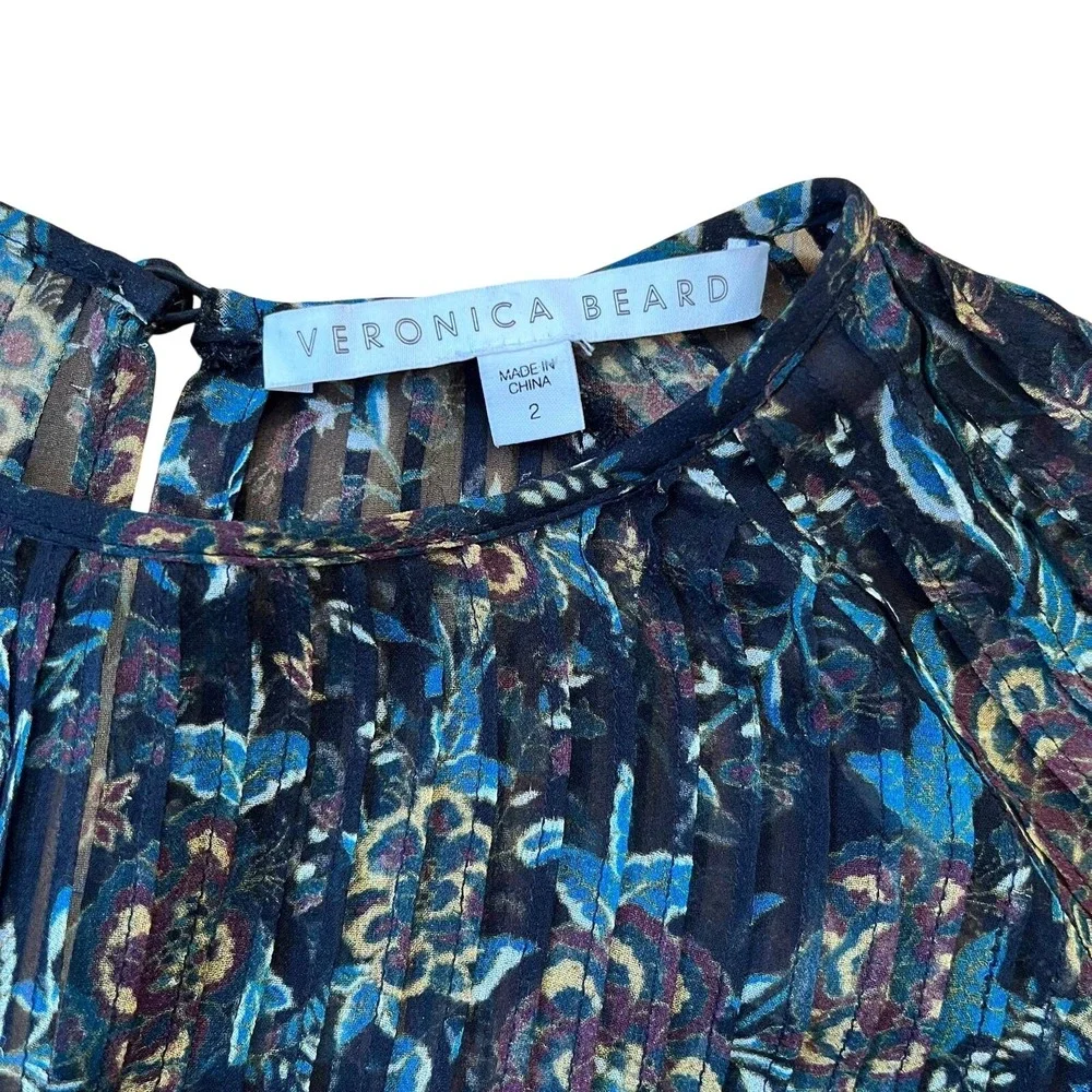 Veronica Beard Silk Floral Blouse Sz 2 Sheer Smocked Long Sleeve Boho Romantic